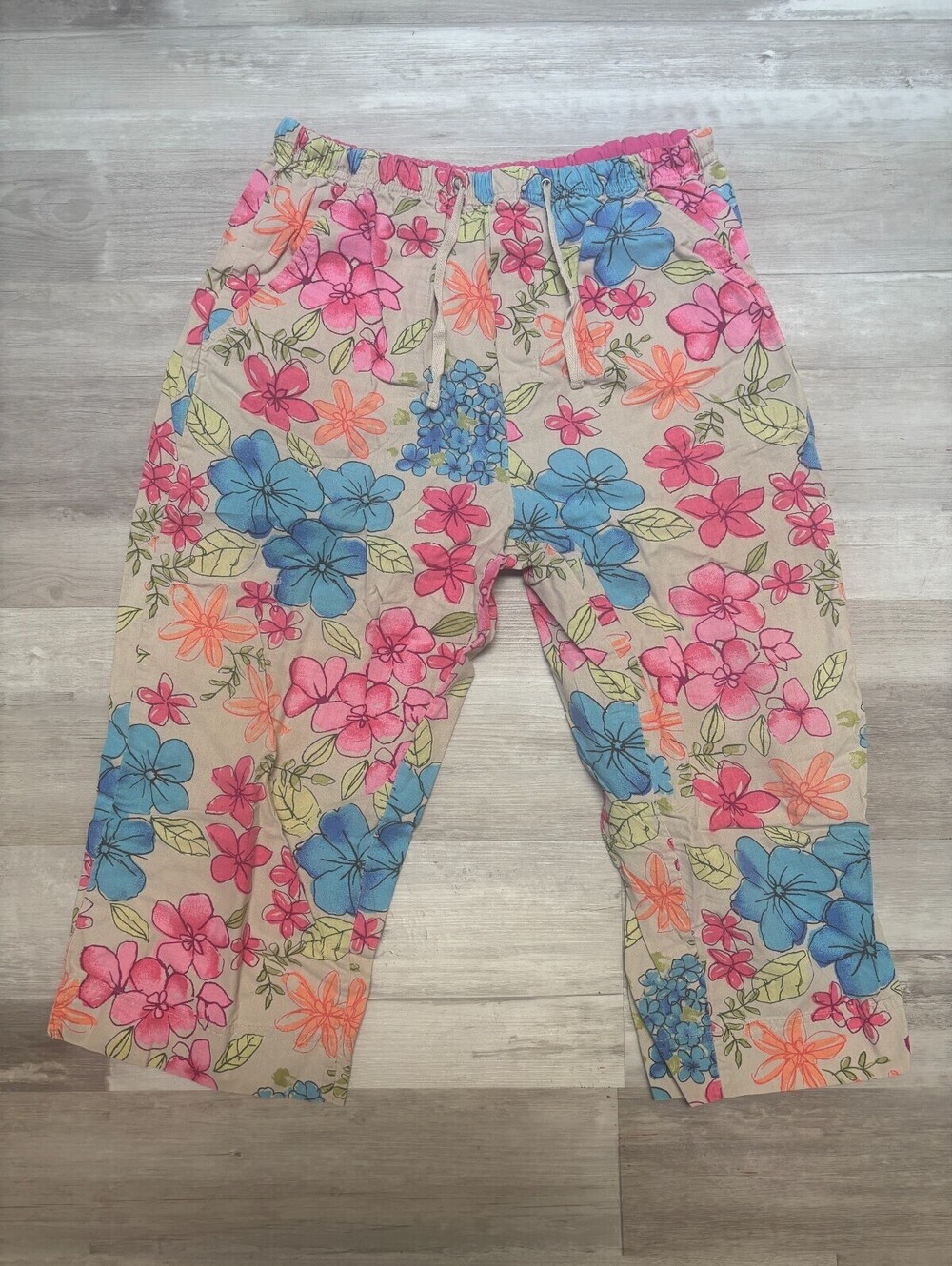 White Stag Women’s S 4/6 Floral Capri Pants Pink Blue Cotton Drawstring